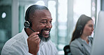 Call center, agent and smile with business man in office for contact us, troubleshooting and help desk. Customer support, coworking and tech hotline with person in agency for consulting and chat
