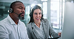 Headset, discussion and business people in office for review, help desk or feedback on technical support. Happy, mic and call center consultant with manager for crm, customer service or contact us.