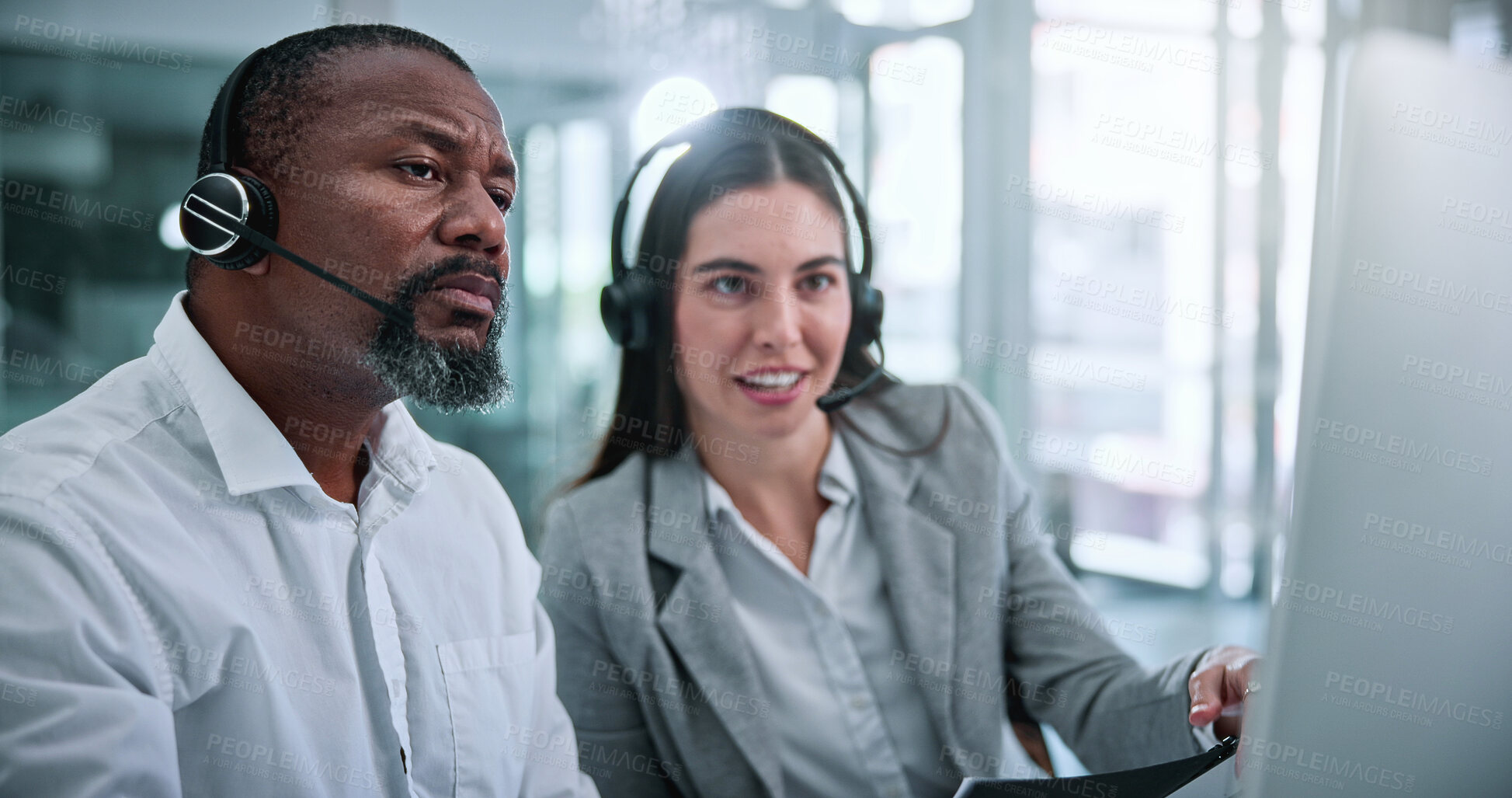 Buy stock photo Headset, discussion and business people in office for review, help desk or feedback on technical support. Happy, mic and call center consultant with manager for crm, customer service or contact us.
