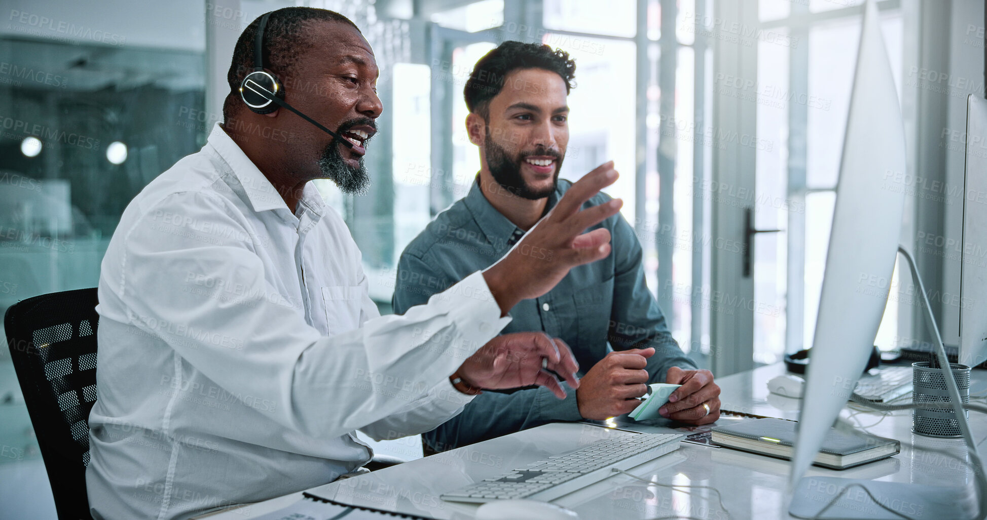 Buy stock photo Call center, computer and team with business people in office for contact us, training and help desk. Customer support, coworking and tech hotline with employees in agency for consulting and advice