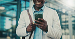 Hands, lawyer and man with phone in city, case tribunal schedule and calendar update for hearing. Urban, digital affidavit and legal consultant with mobile for trial admin, smile and review evidence