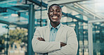 Portrait, business and black man with arms crossed in city, investing opportunity or financial career. Confident, professional or investor with ambition for wealth development, space or smile in town