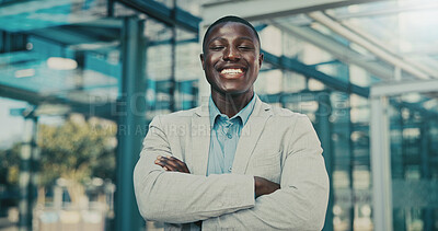 Buy stock photo Portrait, business and black man with arms crossed in city, investing opportunity or financial career. Confident, professional or investor with ambition for wealth development, pride or smile in town