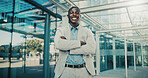 Portrait, business and man with arms crossed in city, investment opportunity and financial career. Confident, black person and investor with ambition for wealth development, smile and urban town