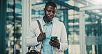 Reading, lawyer or black man with mobile in city, case tribunal schedule or calendar update for trial. Urban, digital affidavit or legal consultant with phone for hearing admin, space or check email
