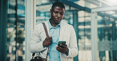 Buy stock photo Reading, lawyer or black man with mobile in city, case tribunal schedule or calendar update for trial. Urban, digital affidavit or legal consultant with phone for hearing admin, review or check email