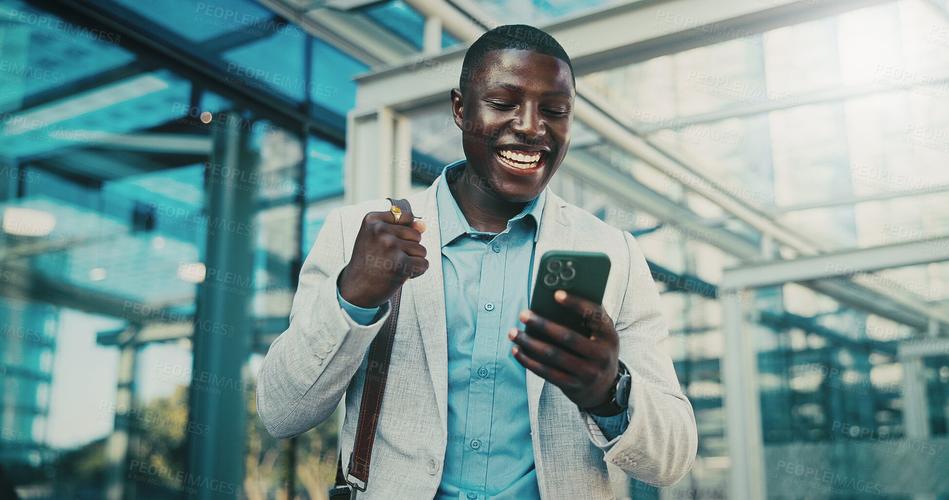 Buy stock photo Excited, lawyer and black man with phone in city, message notification and celebrate pass for bar exam. Urban, milestone and happy paralegal with fist pump for career growth, mobile and check results