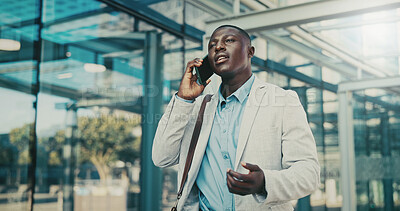 Buy stock photo Phone call, lawyer and black man in city for corporate case, legal negotiation and communication. Mobile, attorney and conversation with contact in town for justice, law advice or listening to update