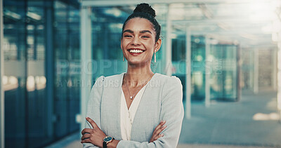Buy stock photo Portrait, business and woman with arms crossed in city, investing opportunity and financial career. Confident, professional and investor with ambition for wealth development, urban town and smile