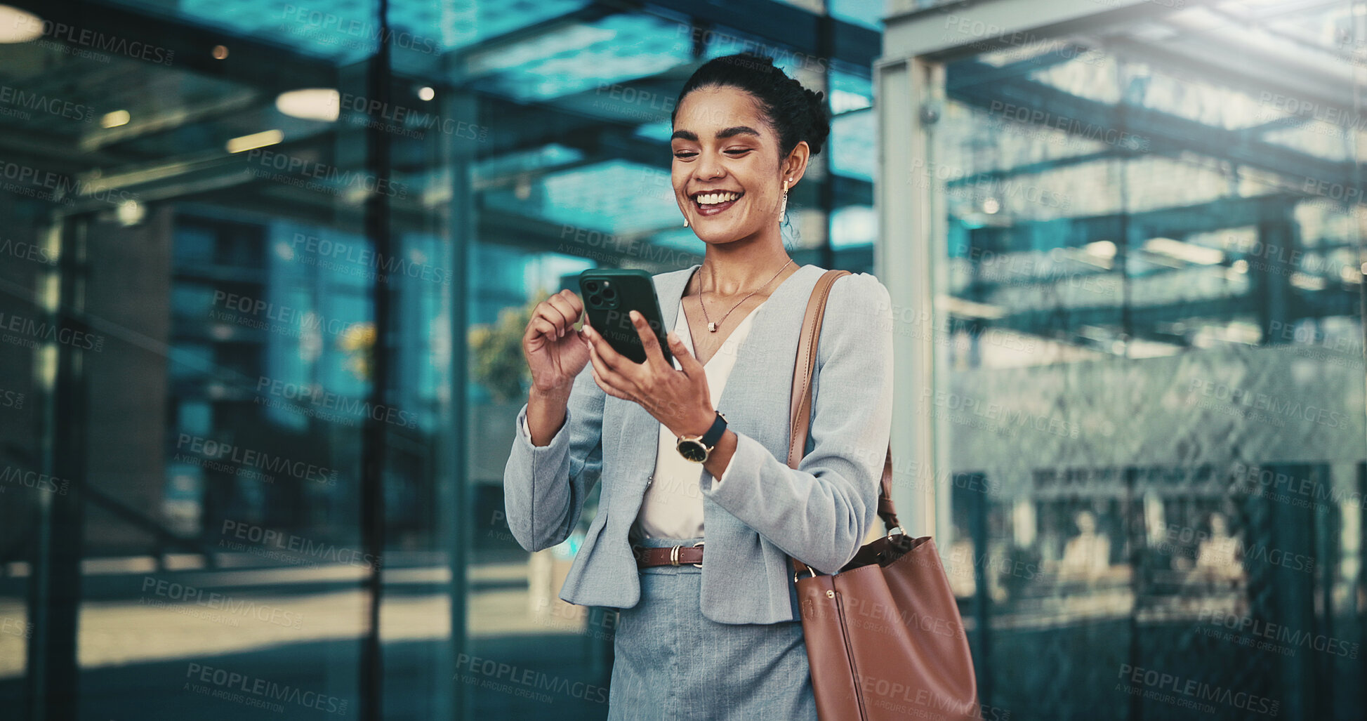 Buy stock photo Reading, lawyer and woman with phone in city, case tribunal schedule or calendar update for hearing. Urban, digital affidavit or legal consultant with mobile and trial admin, smile or review evidence