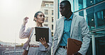 Proposal, team and business people with tablet in city for financial review, accounting or budget. Technology, meeting and workers in town with investment project, bookkeeping update and audit report