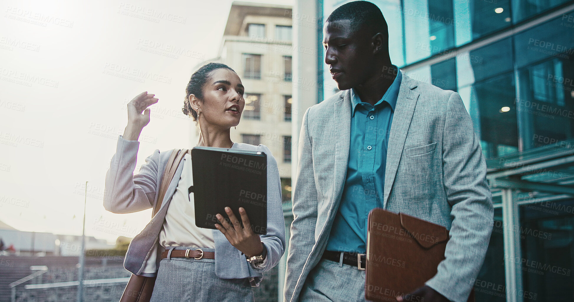 Buy stock photo Proposal, team and business people with tablet in city for financial review, accounting or budget. Technology, meeting and workers in town with investment project, bookkeeping update and audit report