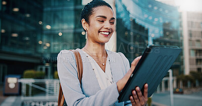 Buy stock photo Tablet, happy and businesswoman in city with research for finance report with company revenue. Smile, digital technology and female financial manager with online email for feedback on profit in town.