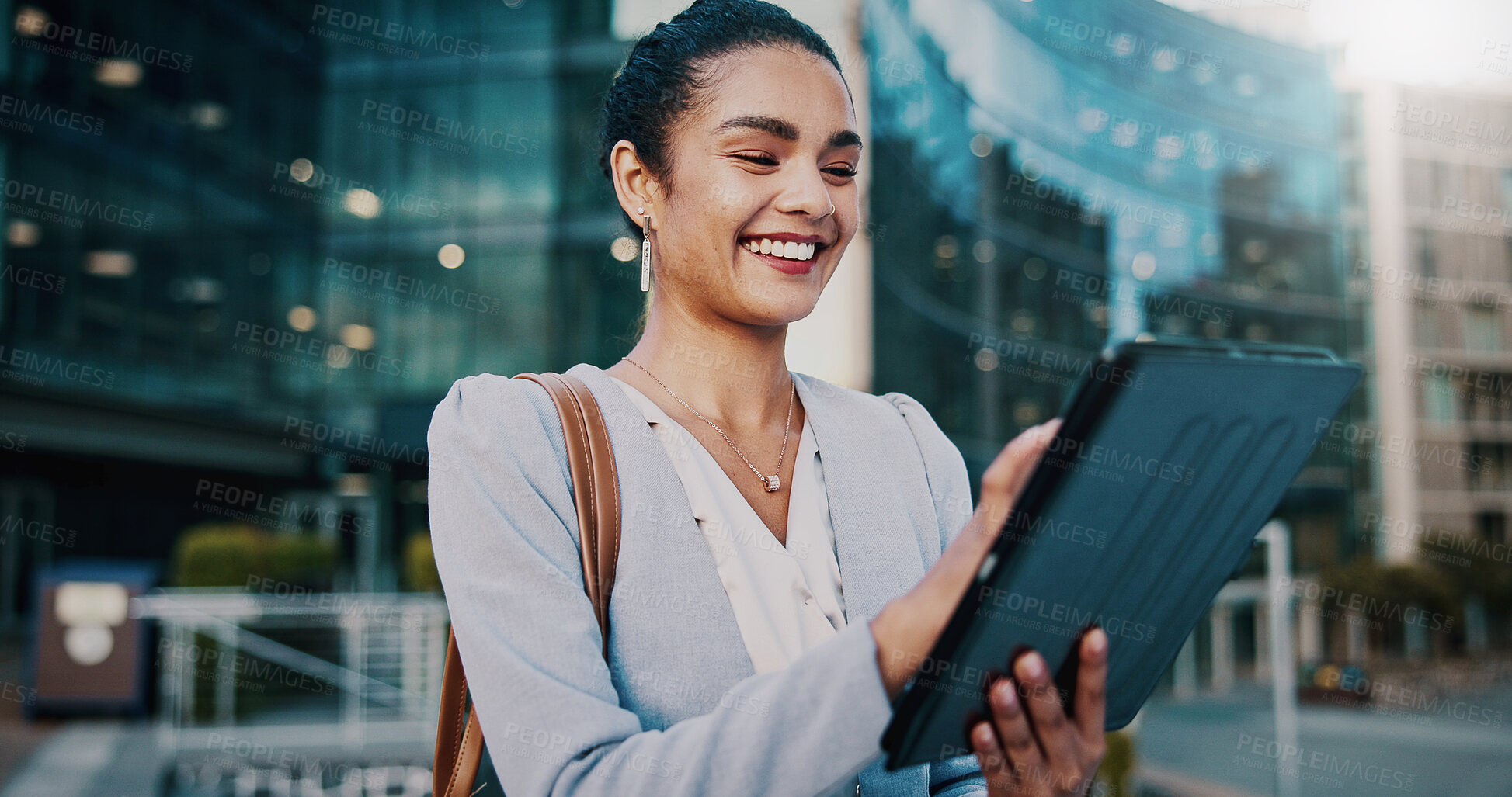 Buy stock photo Tablet, happy and businesswoman in city with research for finance report with company revenue. Smile, digital technology and female financial manager with online email for feedback on profit in town.