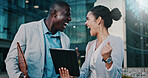 Business people, team and excited for success with tablet in city or celebration for company revenue. Sales, collaboration and happy colleagues with technology, achievement and good news notification