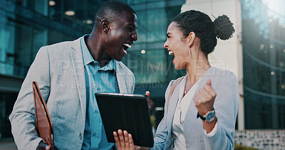 Buy stock photo Business people, team and excited for success with tablet in city or celebration for company revenue. Sales, collaboration and happy colleagues with technology, achievement and good news notification