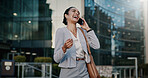 Phone call, lawyer and funny woman in city for corporate case, legal negotiation and communication. Mobile, attorney and conversation with contact in town for justice, laugh or listening on commute