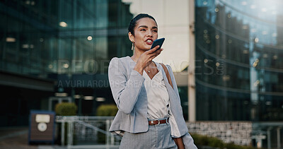 Buy stock photo Voice note, phone and businesswoman in city with communication for feedback on investment proposal. Technology, talk and female financial manager with cellphone on app for contact on finance report.