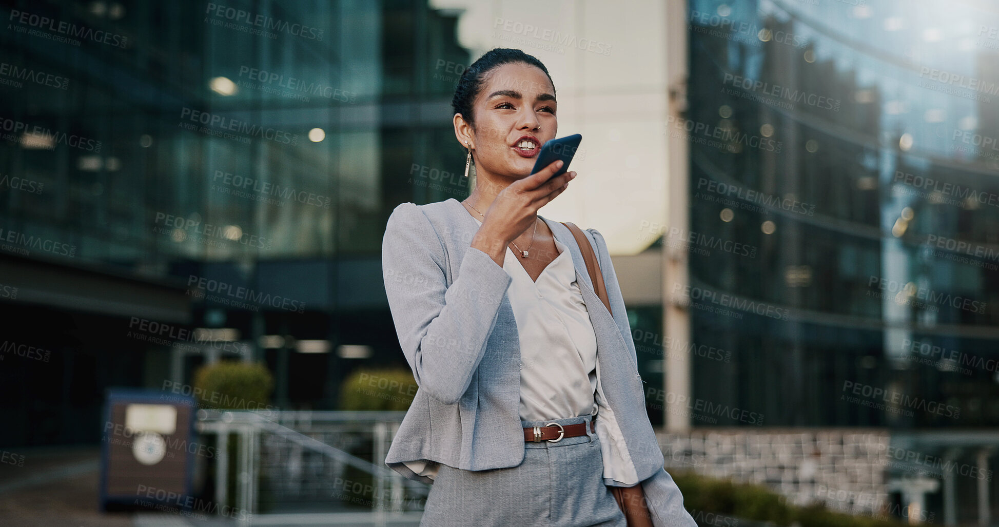 Buy stock photo Voice note, phone and businesswoman in city with communication for feedback on investment proposal. Technology, talk and female financial manager with cellphone on app for contact on finance report.