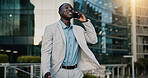 Phone call, lawyer and happy black man in city for corporate case, legal negotiation and chat on commute. Mobile, attorney and talking to contact in town for justice, law advice or settlement update
