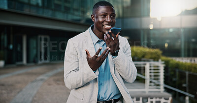 Buy stock photo Loud speaker, chat and businessman with phone in city, real estate and talk with contact on website. Outdoor, realtor and black person with mobile for good news, online or voice note on social media