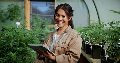 Buy stock photo Portrait, cannabis or cultivator in greenhouse with tablet, career pride or monitoring of cbd production. Plants, ambition or woman with tech, confidence or quality control in marijuana business.