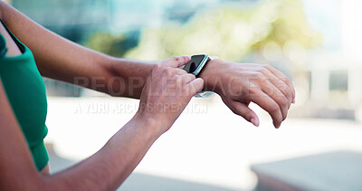 Buy stock photo Hands, smart watch and click with fitness in city with statistics, cardio and monitor for wellness. Person, runner and iot with stopwatch, clock or application for tracking exercise in urban town