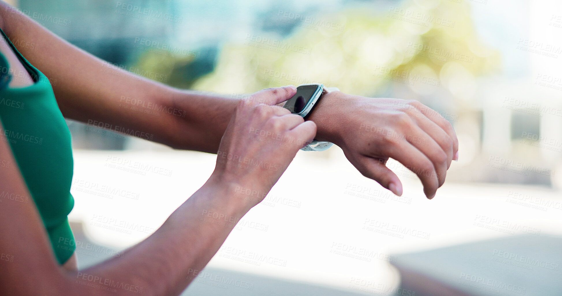 Buy stock photo Hands, smart watch and click with fitness in city with statistics, cardio and monitor for wellness. Person, runner and iot with stopwatch, clock or application for tracking exercise in urban town
