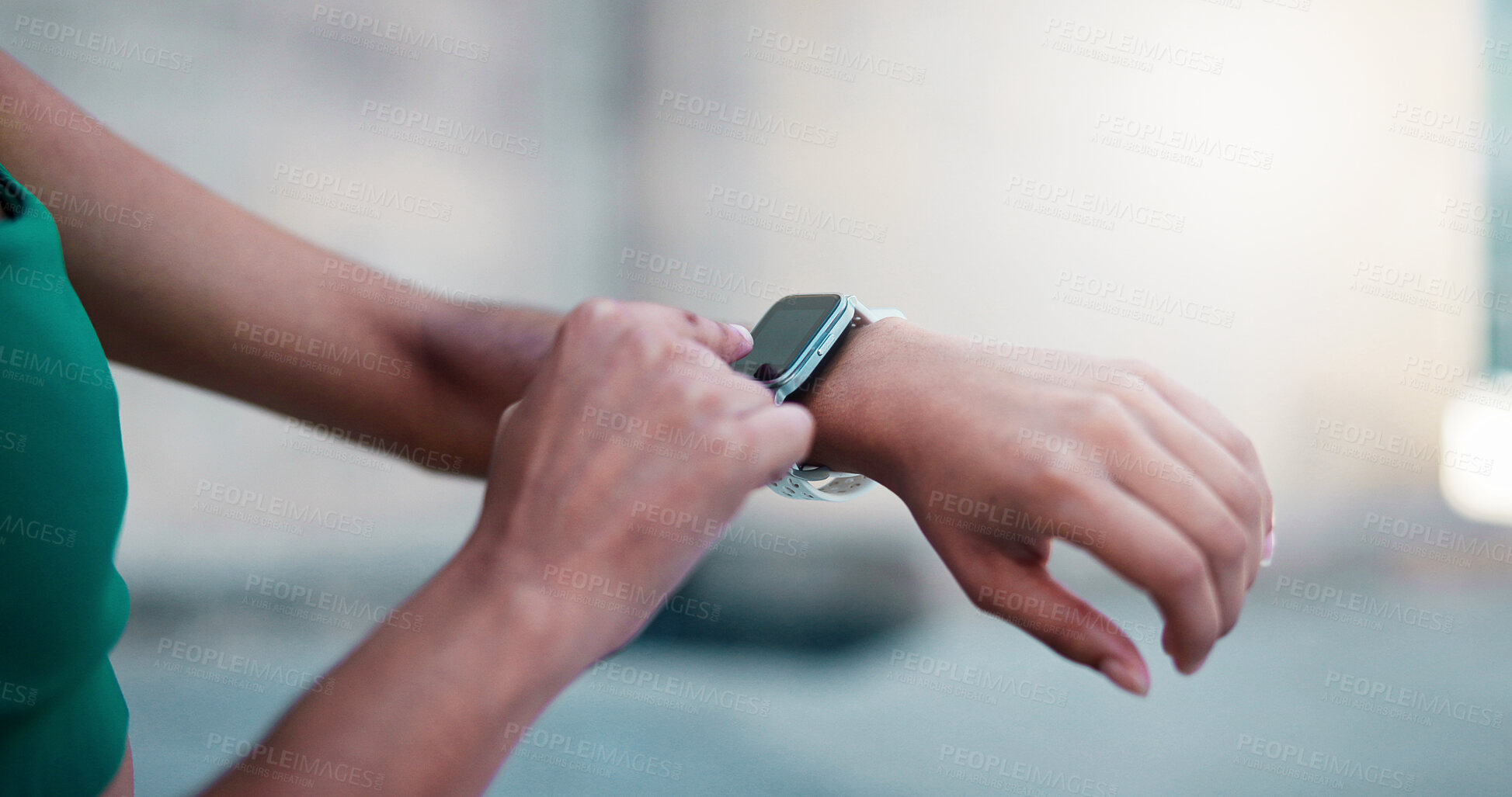 Buy stock photo Woman, hands and fitness with smart watch in city for outdoor workout, tracking performance or app. Active, female person or checking steps with tech for monitoring exercise, training or calories
