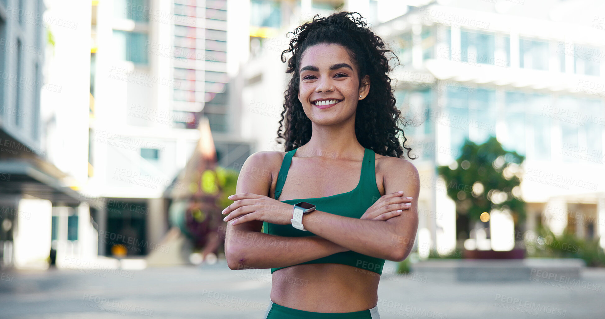 Buy stock photo City, portrait and woman with arms crossed, fitness and confident with bodybuilding goal or wellness. Outdoor, athlete and person with smile after physical activity, break and pride for healthy body