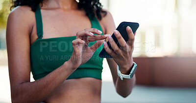 Buy stock photo Fitness, online and hands with phone in city, communication and wellness update on social media app. Typing, message and person with mobile for chat, outdoor and athlete with health tips on website