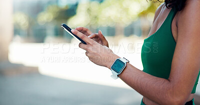 Buy stock photo Fitness, search and hands with phone in city, communication and wellness update on social media app. Typing, message and person with mobile for chat, space and athlete with health tips on website
