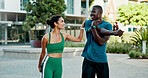 Stretching, fitness and people in city for exercise, health and mobility to prepare for workout. Runner, friends and man with woman with warm up for wellness, start and sports for active hobby