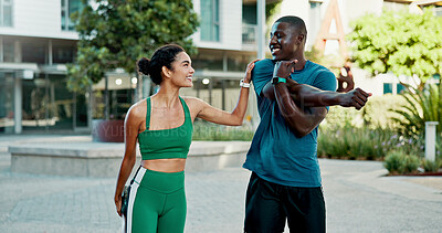 Buy stock photo Stretching, fitness and people in city for exercise, health and mobility to prepare for workout. Runner, friends and man with woman with warm up for wellness, start and sports for active hobby