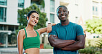 Fitness, portrait and people with smile in city, bodybuilding and confident after physical activity. Happy, team and personal trainer with arms crossed on break, outdoor and athlete with healthy body