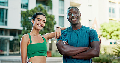 Buy stock photo Fitness, portrait and people with smile in city, bodybuilding and confident after physical activity. Happy, team and personal trainer with arms crossed on break, outdoor and athlete with healthy body