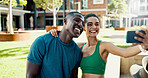 Happy, selfie and people with hug for fitness, outdoor memory or photography together in city. Man, woman or interracial couple with smile or love for workout picture, capture moment or app in town