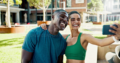 Buy stock photo Happy, selfie and people with hug for fitness, outdoor memory or photography together in city. Man, woman or interracial couple with smile or love for workout picture, capture moment or app in town