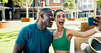 Happy, city and people with selfie for fitness, outdoor memory or photography together. Man, woman or interracial couple with smile or love for workout picture, capture moment or app in urban town