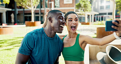 Buy stock photo Happy, city and people with selfie for fitness, outdoor memory or photography together. Man, woman or interracial couple with smile or love for workout picture, capture moment or app in urban town