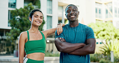 Buy stock photo Fitness, portrait and team with smile in city, physical activity or confident with bodybuilding goal. Happy people, outdoor and personal trainer with arms crossed, athlete and pride for healthy body