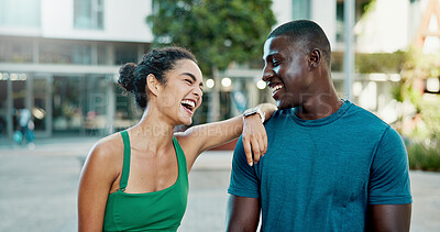 Buy stock photo Fitness, support and couple with laugh outdoor for exercise joke, practice break or bonding. Relationship, interracial people or happy in city for cardio recovery, wellness rest or funny conversation