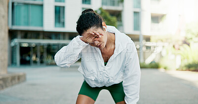 Buy stock photo Fatigue, fitness and woman in city with break for exercise, cardio or training for wellness. Tired, athlete and female person with rest in urban town for workout, health or active with sports.