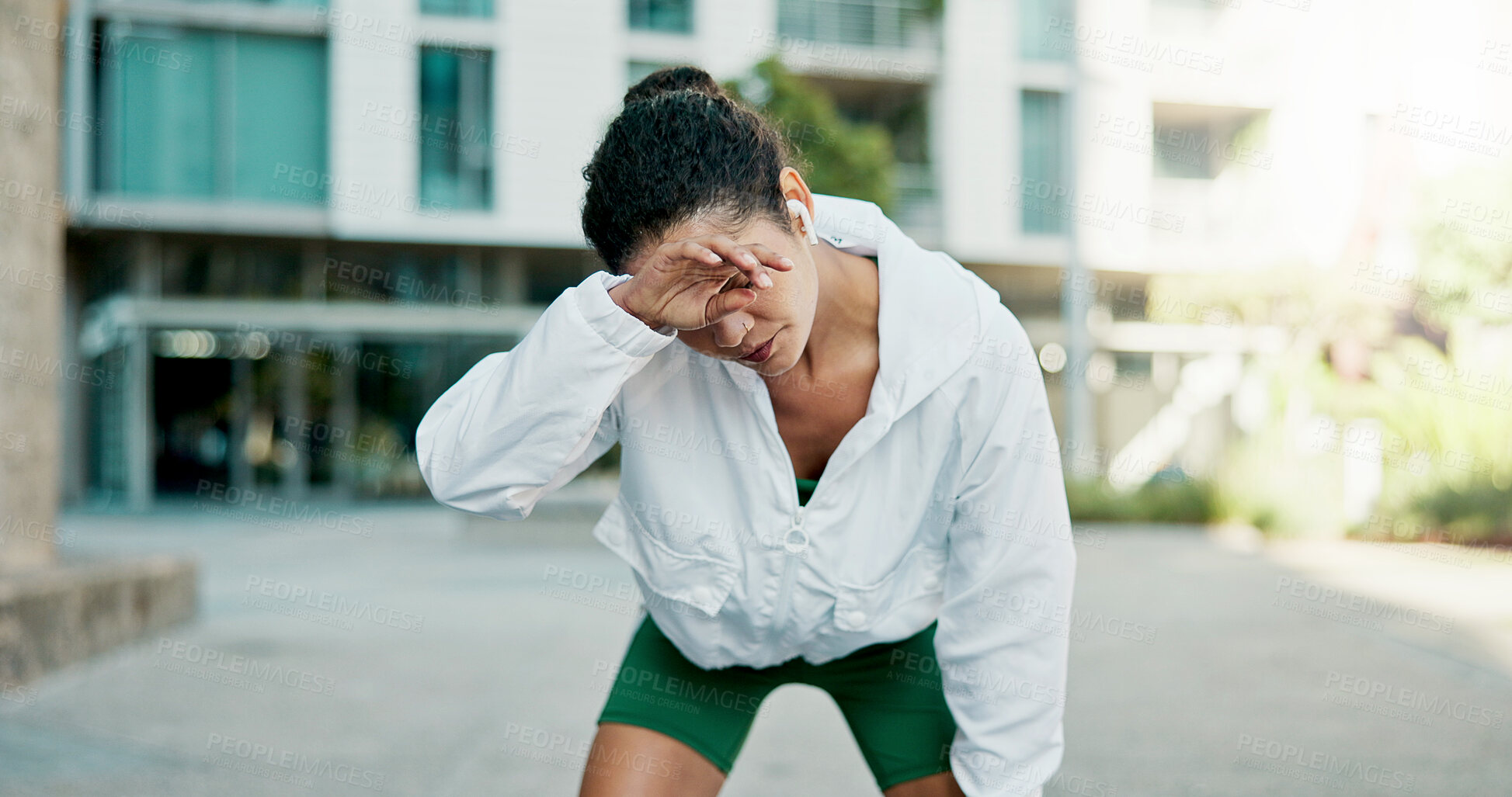 Buy stock photo Fatigue, fitness and woman in city with break for exercise, cardio or training for wellness. Tired, athlete and female person with rest in urban town for workout, health or active with sports.