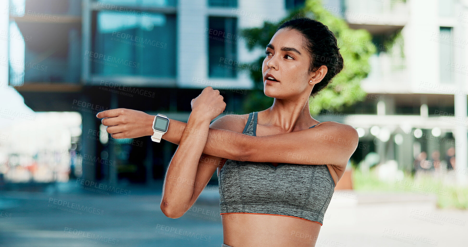 Buy stock photo Stretching, thinking and woman in city for fitness, health and mobility to prepare for exercise. Runner, sports and person with warm up for wellness, injury prevention and arm muscle for active hobby