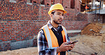 Civil engineer, thinking and man with phone at construction site, typing and project updates on web. Outdoor, architect and person with mobile for digital report, reflection and safety inspection