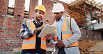 Team, scroll and men with tablet at construction site, civil engineer and project update on website. Outdoor, architecture and people with tech for property development, talking and quality assurance