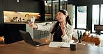 Creative, home and woman with funny face for selfie, content creation and sharing moment on website. Influencer, remote work and Asian person with smile for picture, photography and memory in house