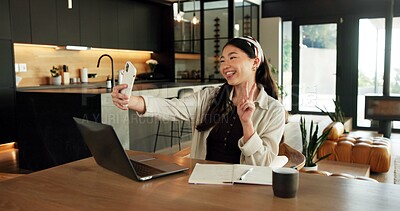 Buy stock photo Creative, home and woman with funny face for selfie, content creation and sharing moment on website. Influencer, remote work and Asian person with smile for picture, photography and memory in house