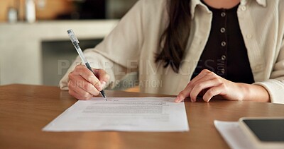 Buy stock photo Hands, documents and signature in home with finances, agreement or admin for investment portfolio. Person, investor and paperwork with writing, tax compliance and application for insurance at house